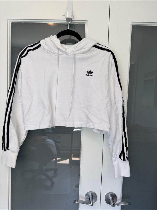 adidas Tops - adidas White Cropped Hoodie with Black Stripes